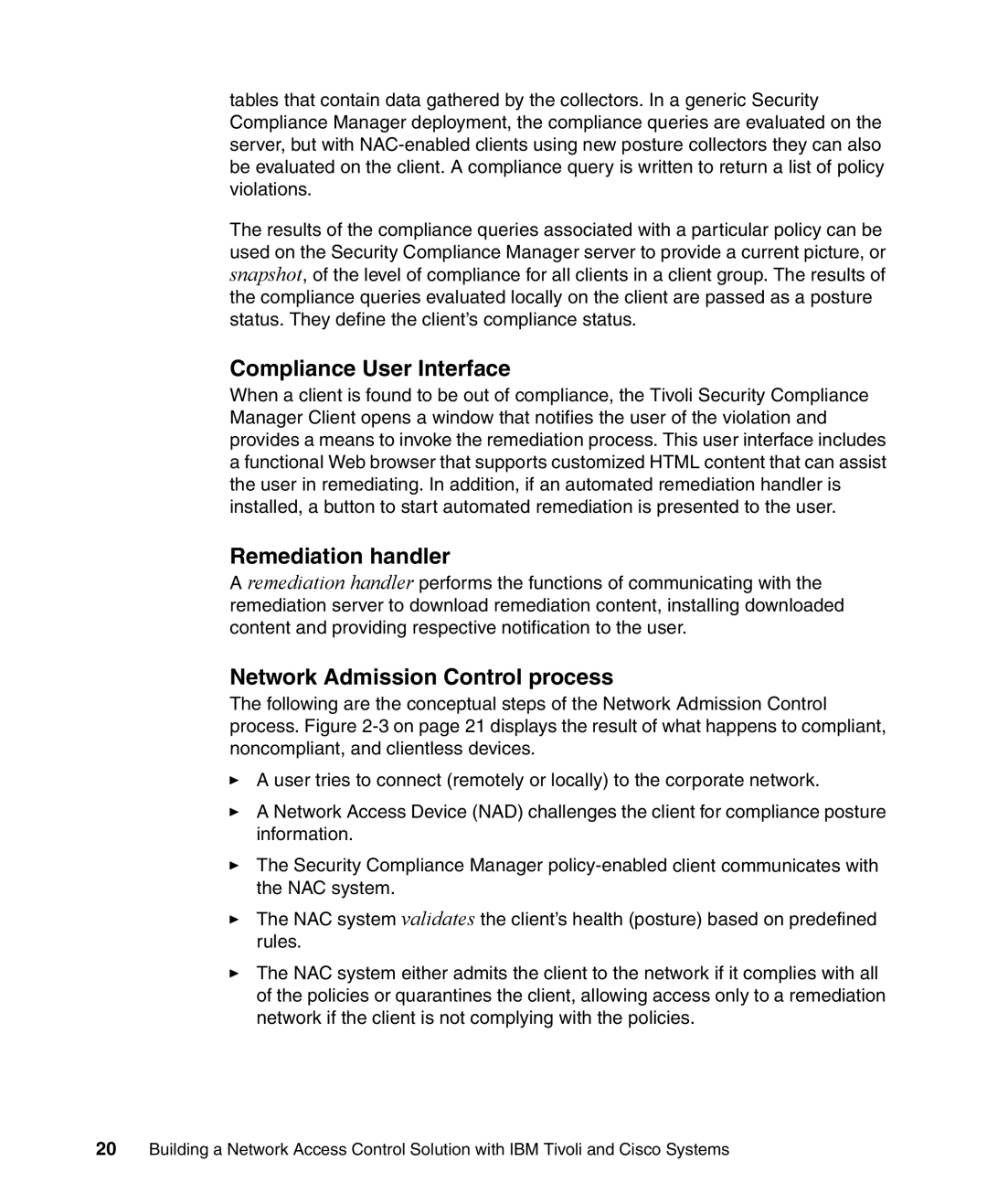 IBM Tivoli and Cisco manual Compliance User Interface, Remediation handler, Network Admission Control process 