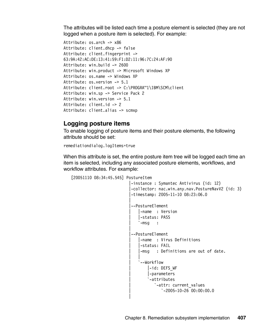 IBM Tivoli and Cisco manual Logging posture items, 407 