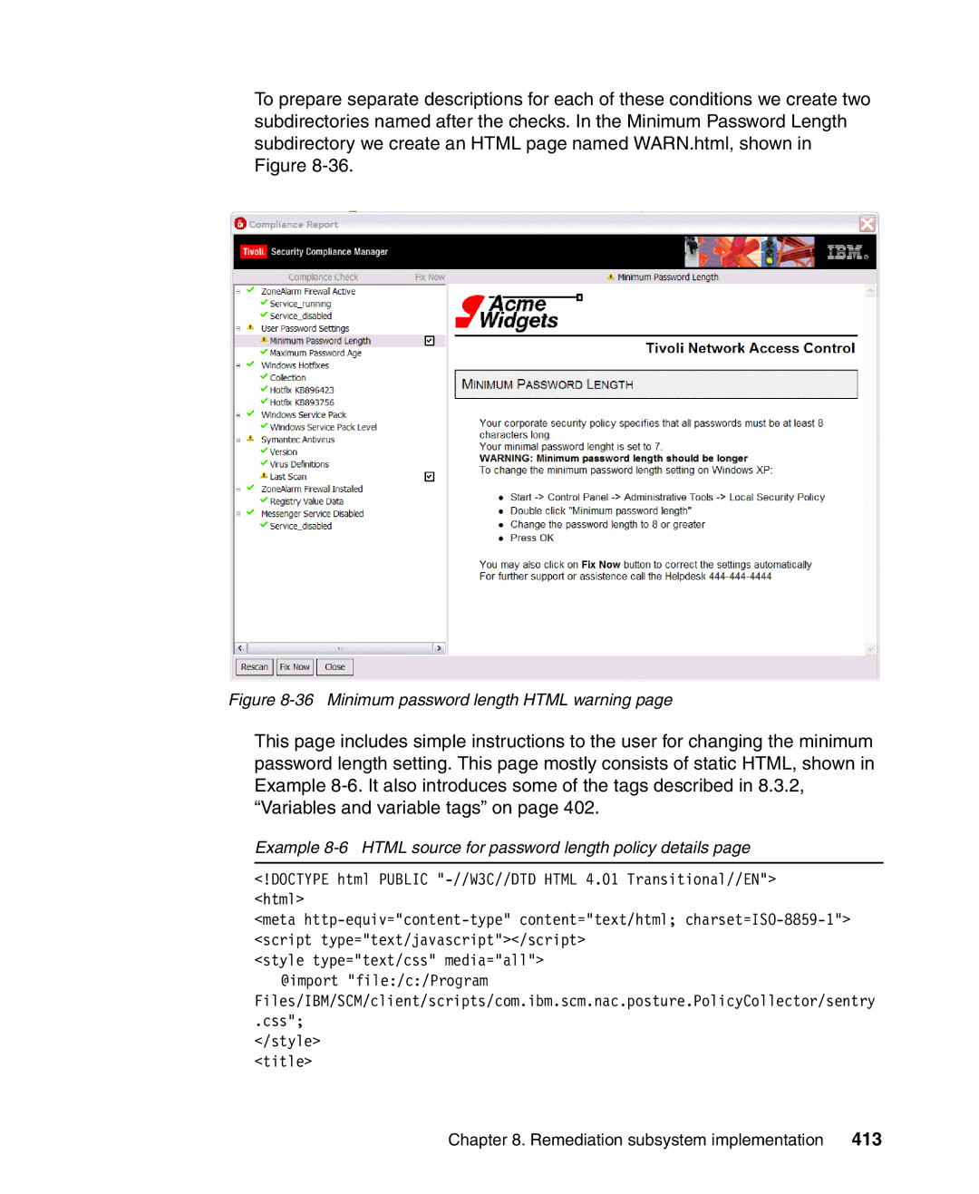 IBM Tivoli and Cisco manual 413, Example 8-6 Html source for password length policy details 