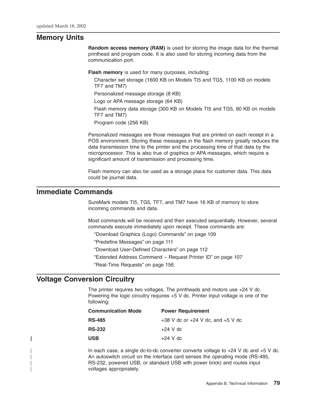 IBM TG5, TM7 Memory Units, Immediate Commands, Voltage Conversion Circuitry, Communication Mode Power Requirement RS-485 