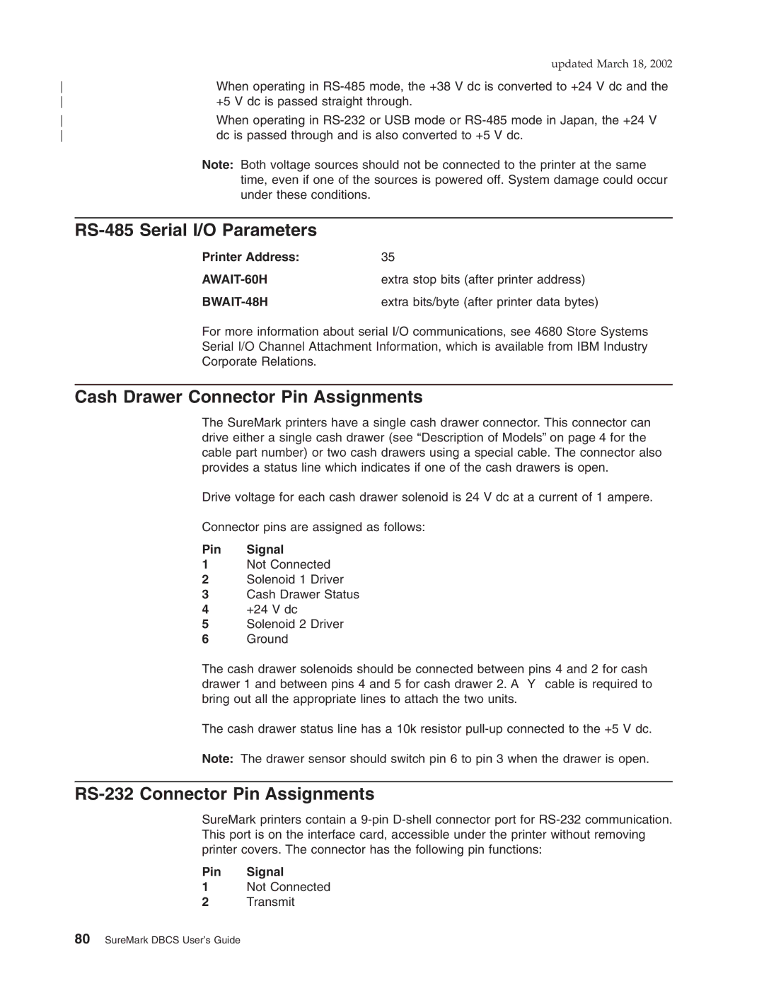 IBM TM7, TI5, TF7, TG5 RS-485 Serial I/O Parameters, Cash Drawer Connector Pin Assignments, RS-232 Connector Pin Assignments 