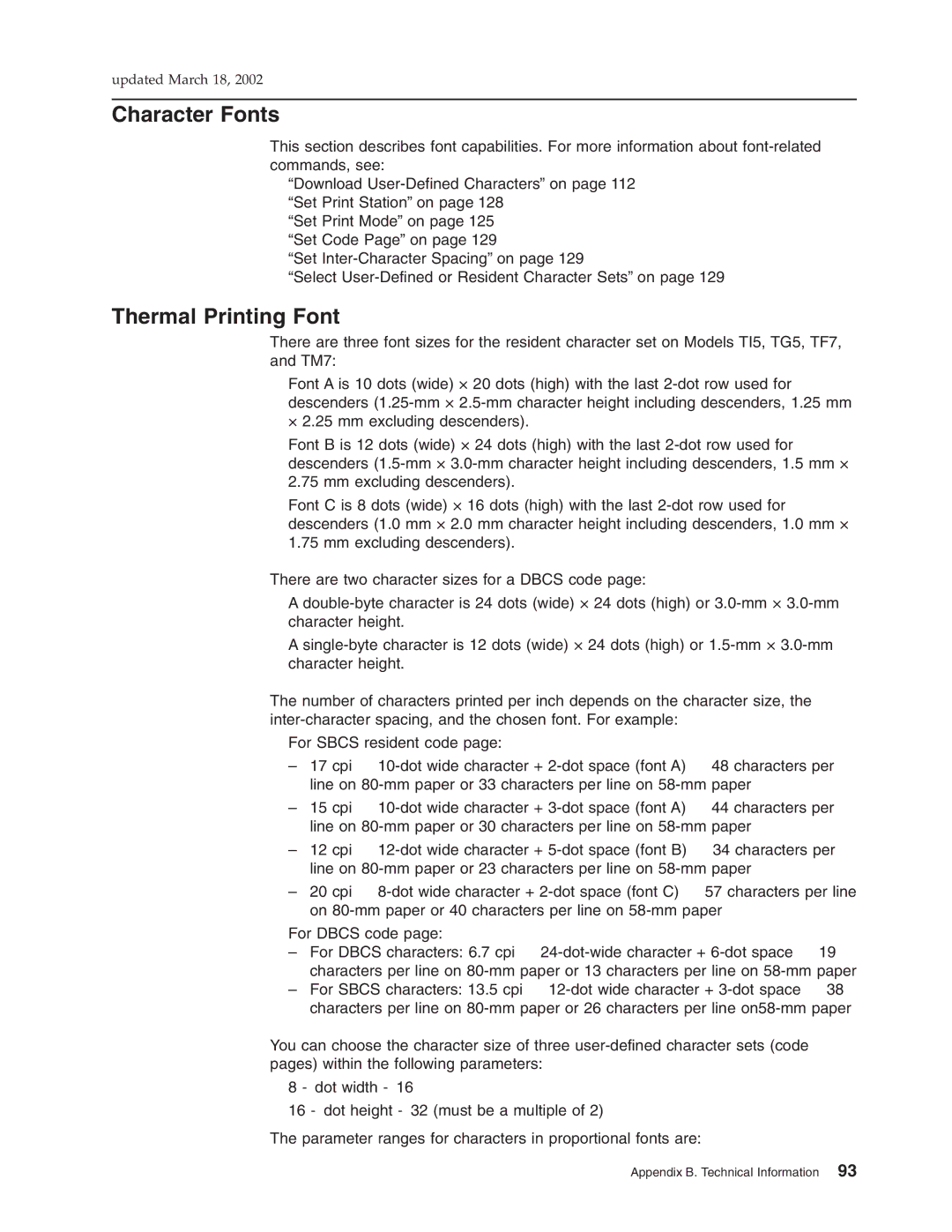 IBM TI5, TM7, TF7, TG5 manual Character Fonts, Thermal Printing Font 