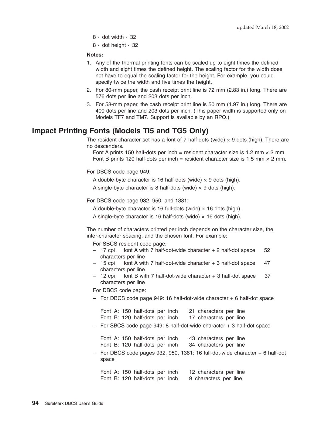 IBM TF7, TM7 manual Impact Printing Fonts Models TI5 and TG5 Only 