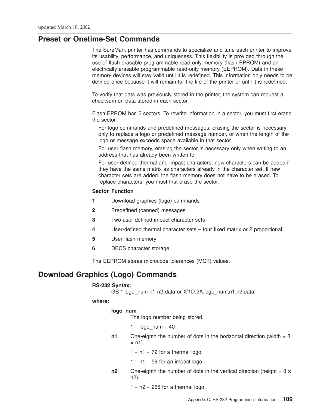 IBM TI5, TM7, TF7, TG5 manual Preset or Onetime-Set Commands, Download Graphics Logo Commands, Sector Function, Where Logonum 