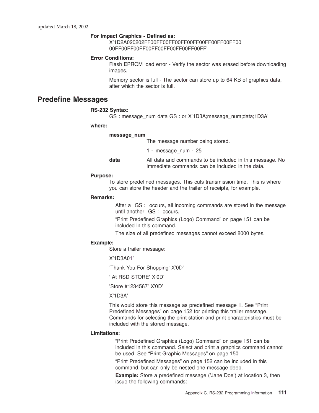 IBM TG5, TM7, TI5, TF7 manual Predefine Messages, Where Messagenum, Example, Limitations 