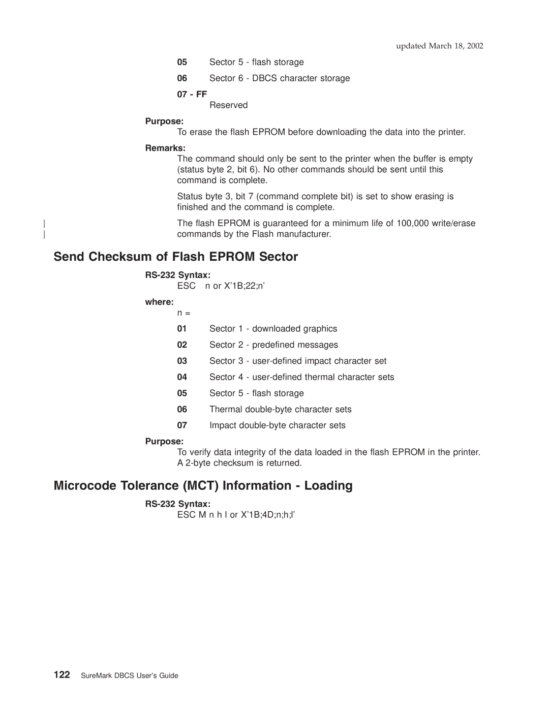 IBM TF7, TM7, TI5, TG5 manual Send Checksum of Flash Eprom Sector, Microcode Tolerance MCT Information Loading 