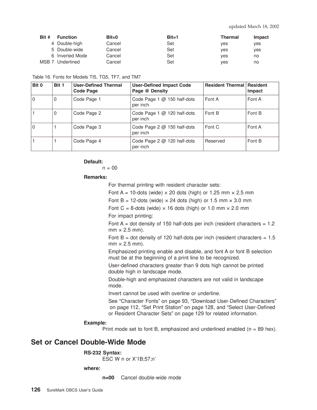 IBM TF7, TM7, TI5, TG5 manual Set or Cancel Double-Wide Mode, Default Remarks 