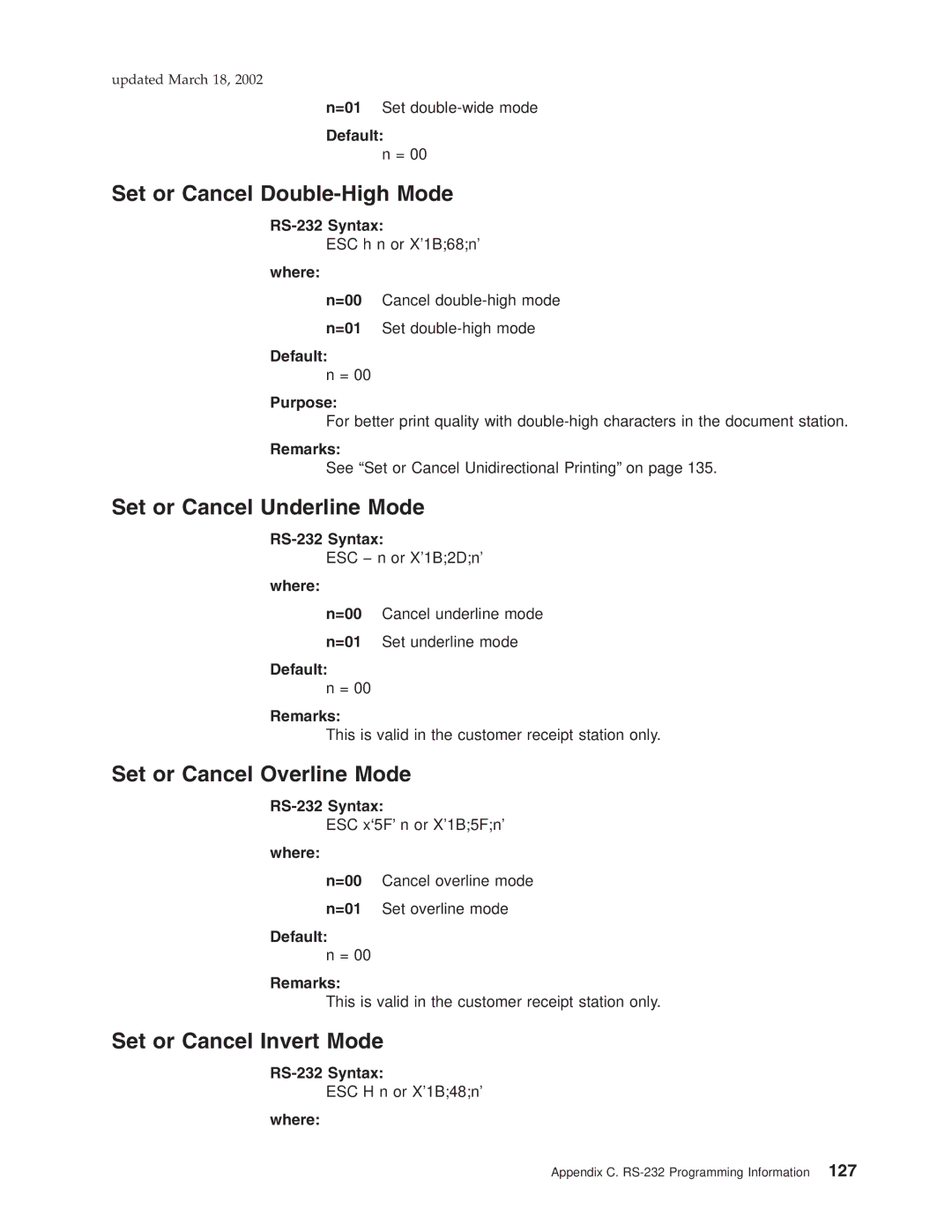 IBM TG5, TM7, TI5, TF7 manual Set or Cancel Double-High Mode, Set or Cancel Underline Mode, Set or Cancel Overline Mode 