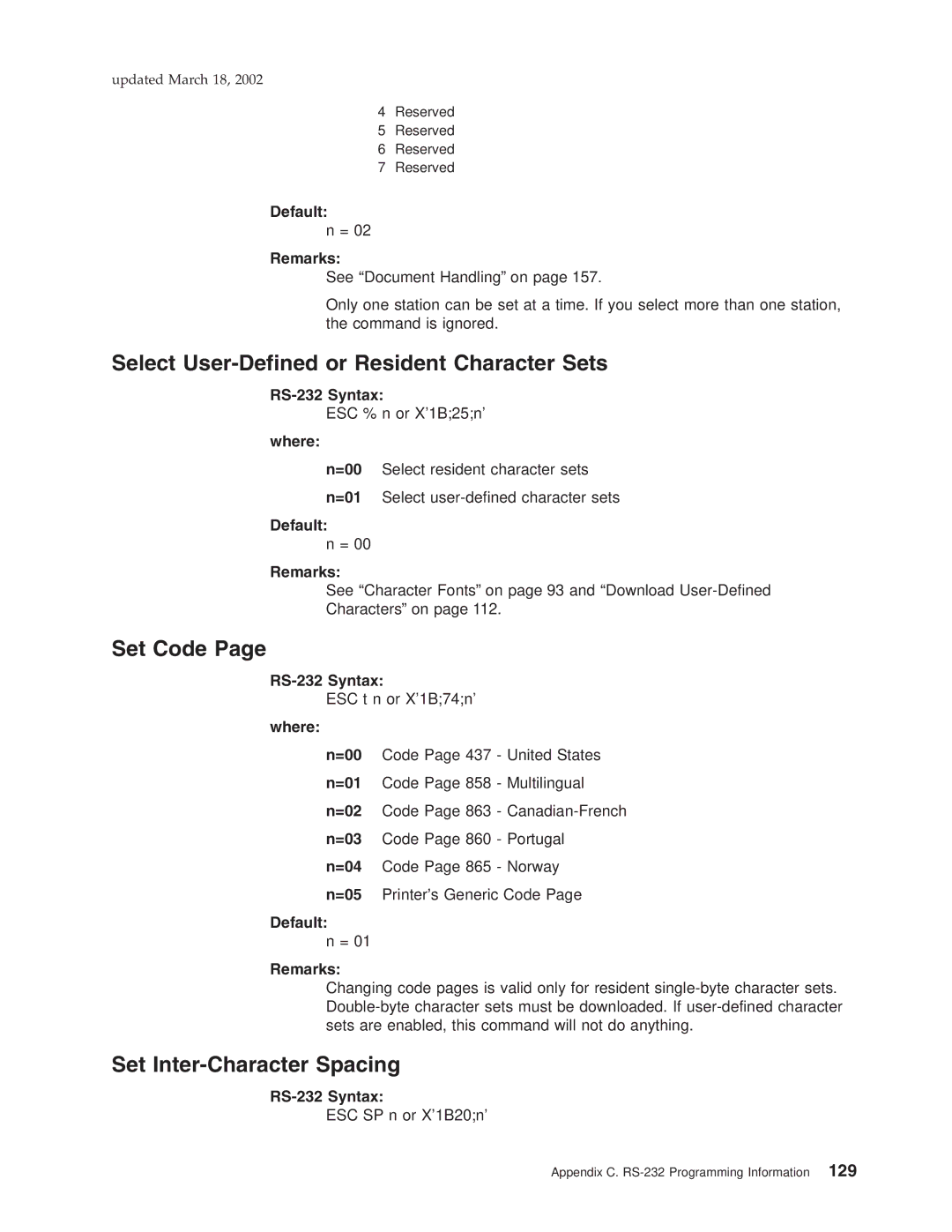 IBM TI5, TM7, TF7, TG5 manual Select User-Defined or Resident Character Sets, Set Code, Set Inter-Character Spacing 