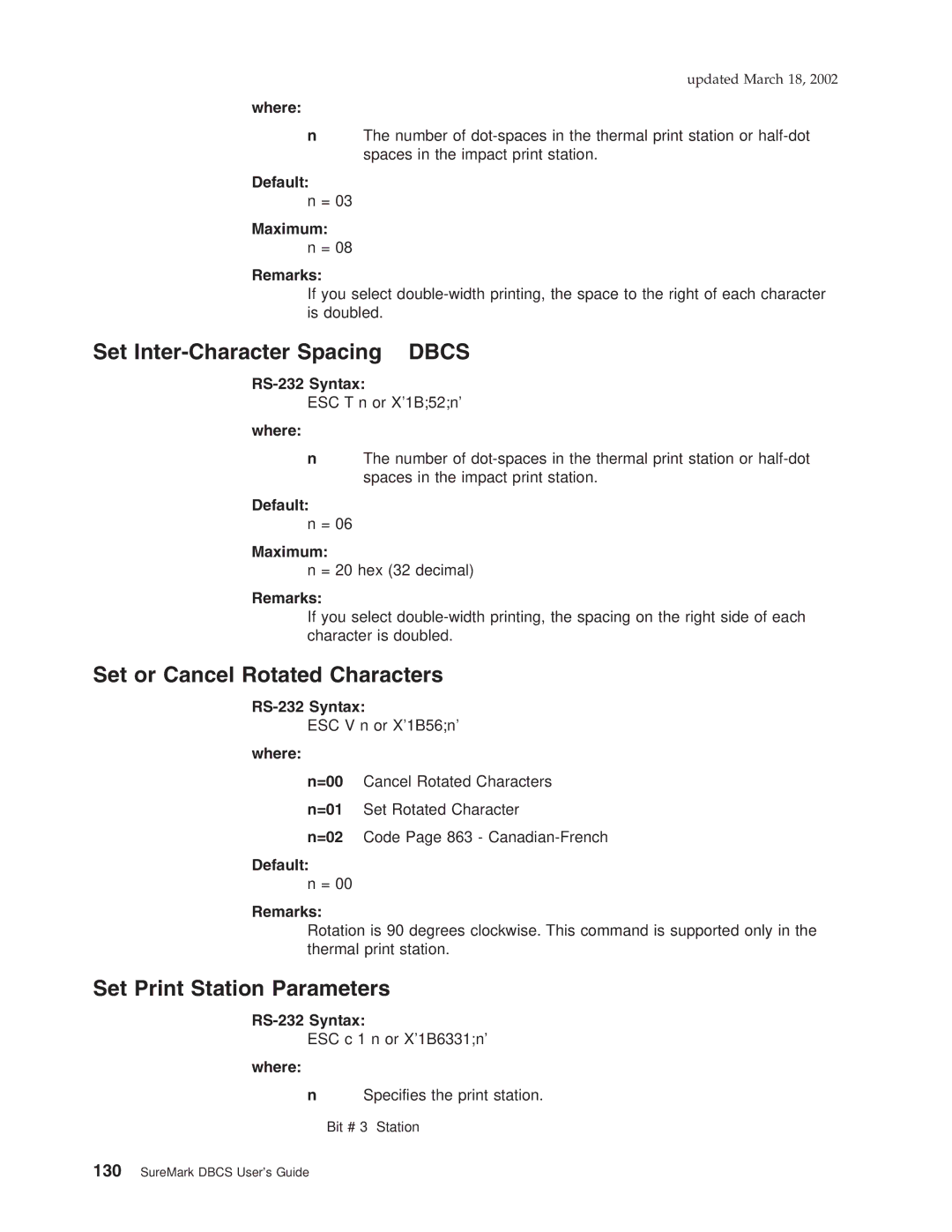 IBM TF7 Set Inter-Character Spacing Dbcs, Set or Cancel Rotated Characters, Set Print Station Parameters, Default Maximum 