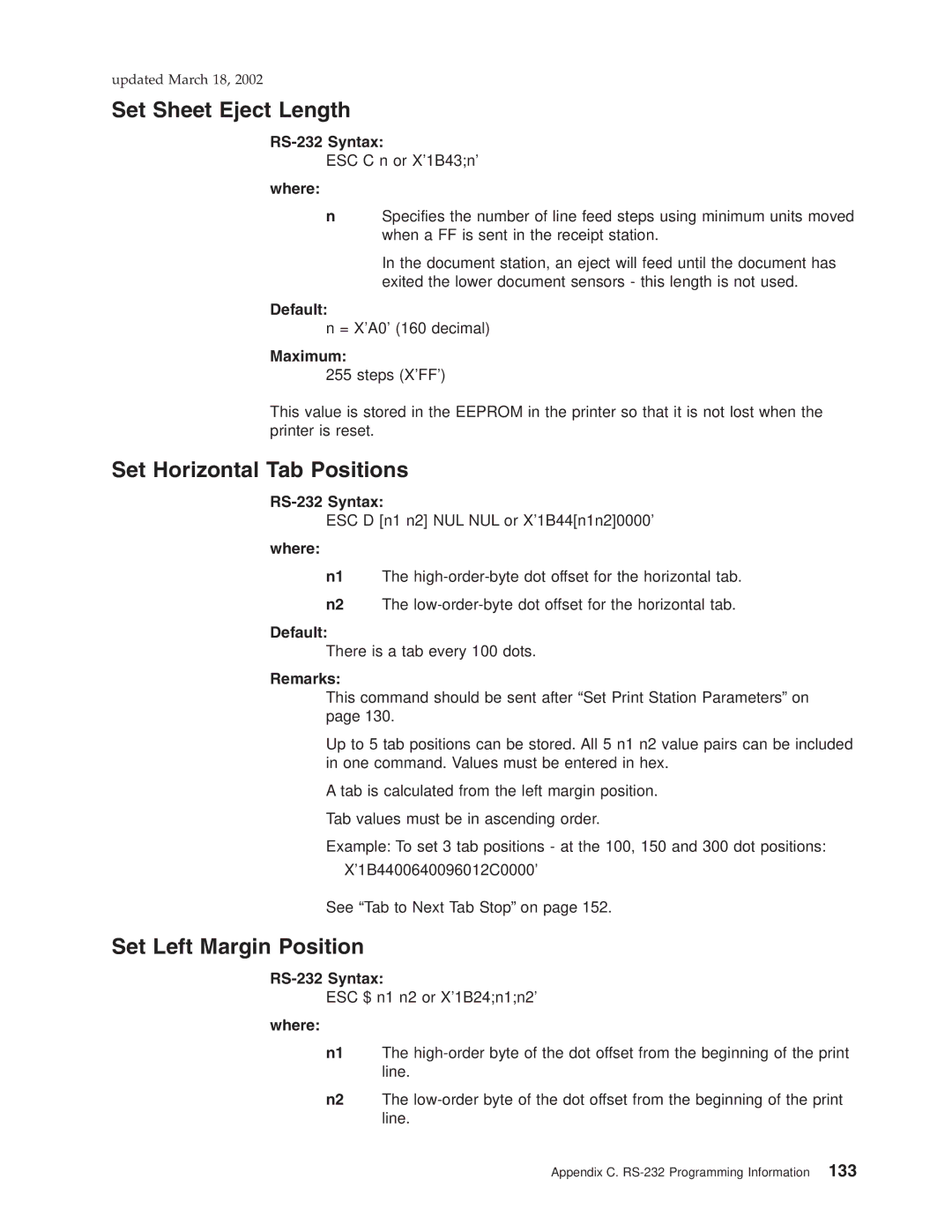 IBM TI5, TM7, TF7, TG5 manual Set Sheet Eject Length, Set Horizontal Tab Positions, Set Left Margin Position 