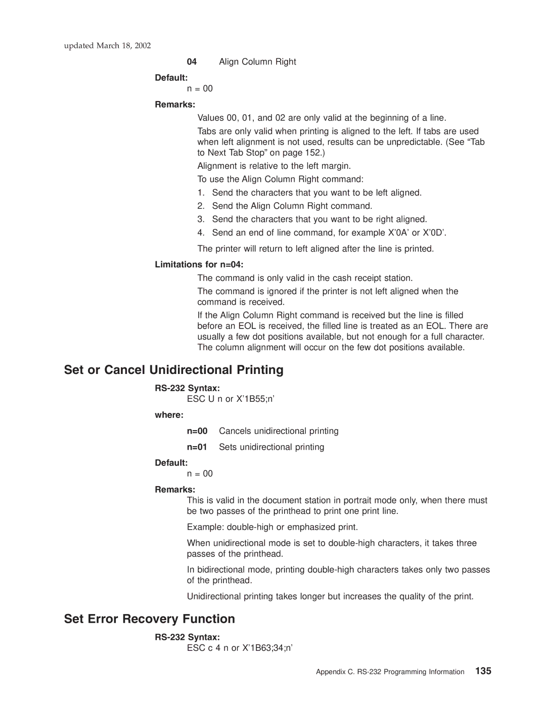 IBM TG5, TM7, TI5, TF7 manual Set or Cancel Unidirectional Printing, Set Error Recovery Function, Limitations for n=04 