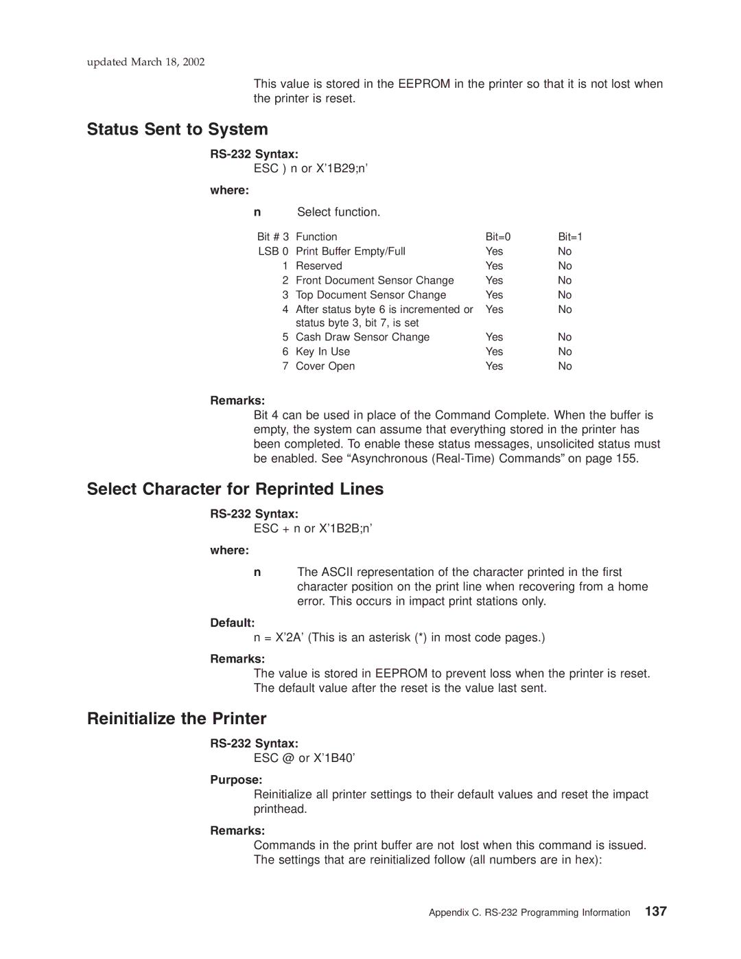 IBM TI5, TM7, TF7, TG5 Status Sent to System, Select Character for Reprinted Lines, Reinitialize the Printer, Where Default 