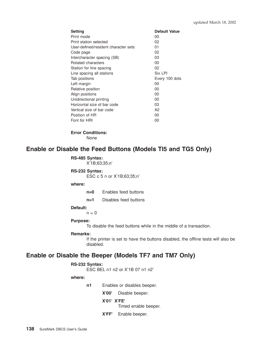 IBM Enable or Disable the Feed Buttons Models TI5 and TG5 Only, Enable or Disable the Beeper Models TF7 and TM7 Only 