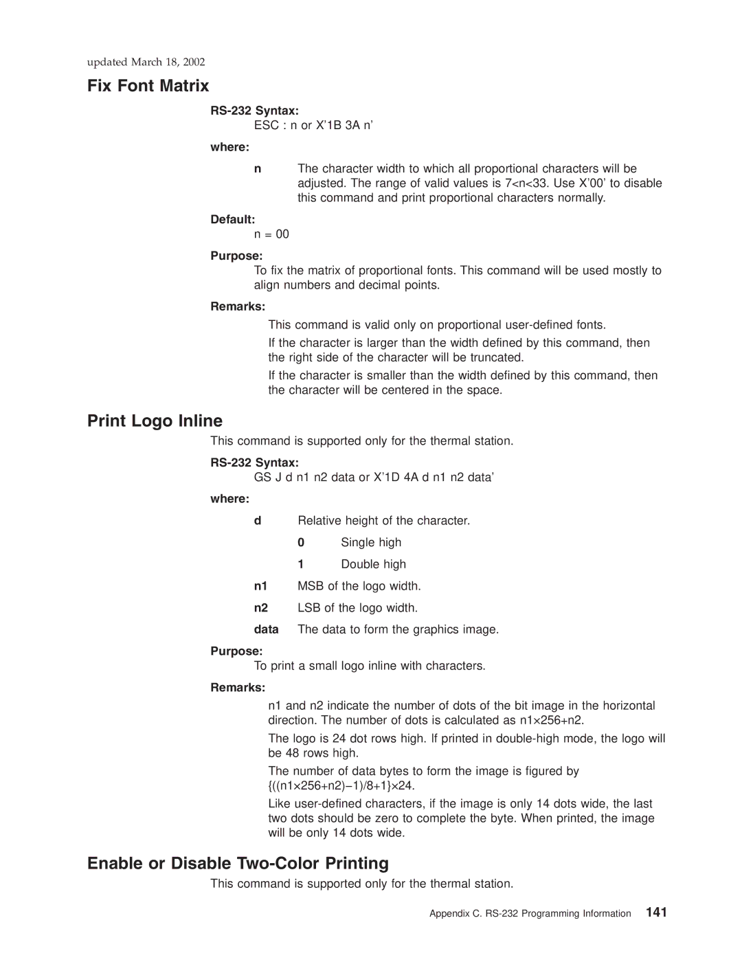 IBM TI5, TM7, TF7, TG5 manual Fix Font Matrix, Print Logo Inline, Enable or Disable Two-Color Printing 