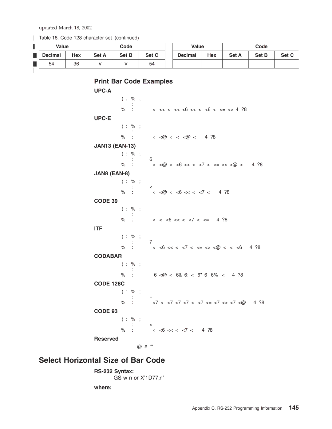 IBM TI5, TM7, TF7, TG5 manual Select Horizontal Size of Bar Code, Print Bar Code Examples, JAN13 EAN-13, JAN8 EAN-8, Reserved 