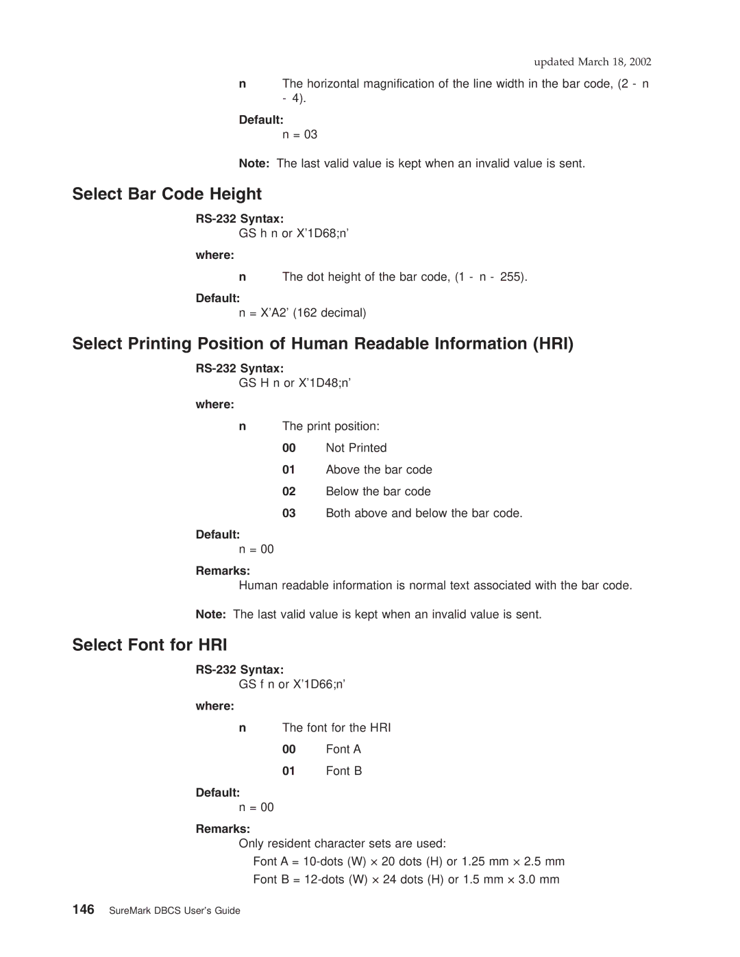 IBM TF7, TM7, TI5 Select Bar Code Height, Select Printing Position of Human Readable Information HRI, Select Font for HRI 