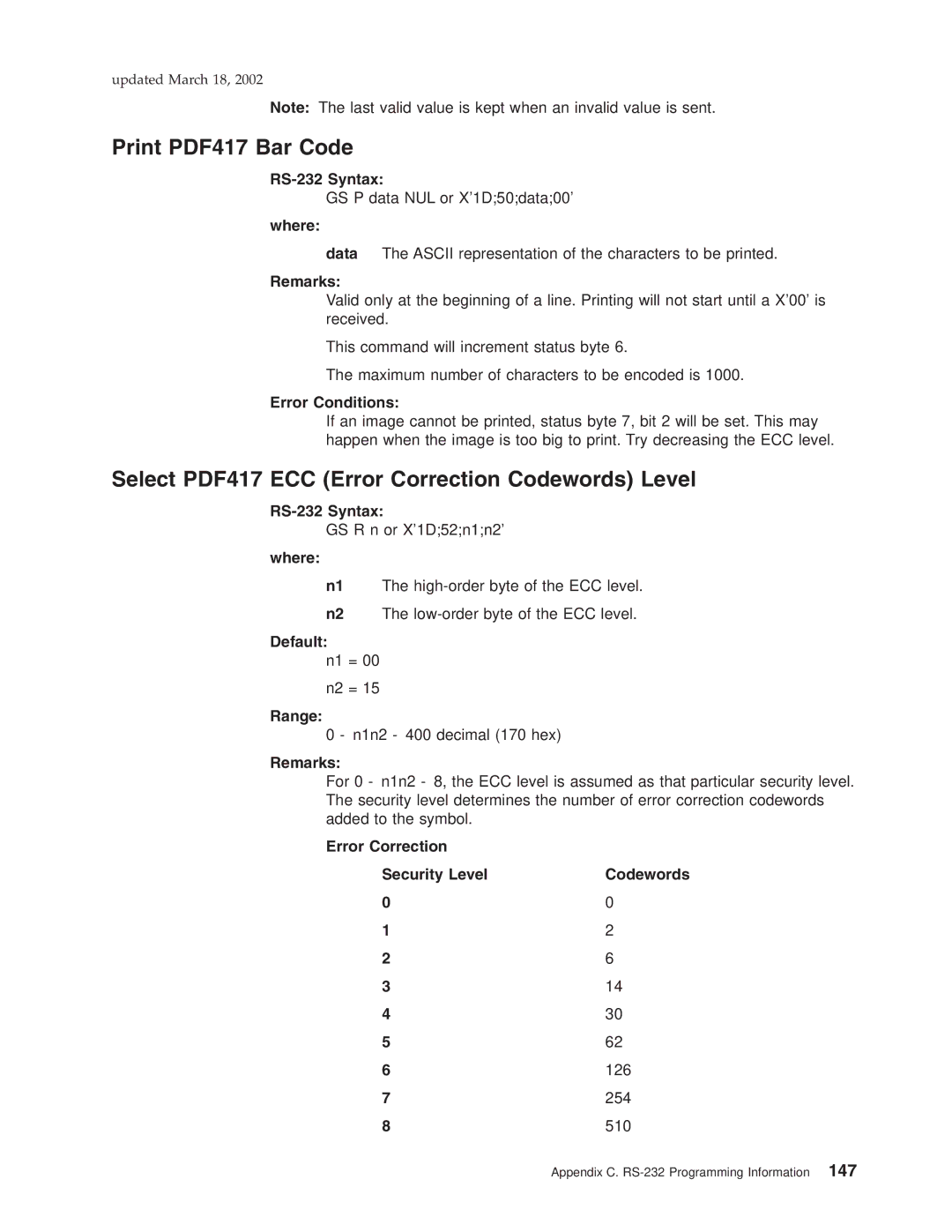 IBM TG5, TM7, TI5, TF7 manual Range, Error Correction Security Level Codewords 126 254 510 