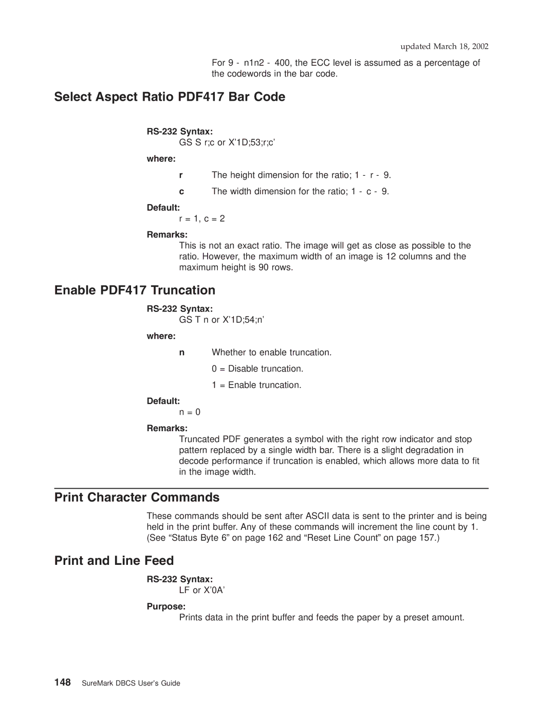 IBM TM7, TI5, TF7, TG5 manual Print Character Commands, Print and Line Feed 