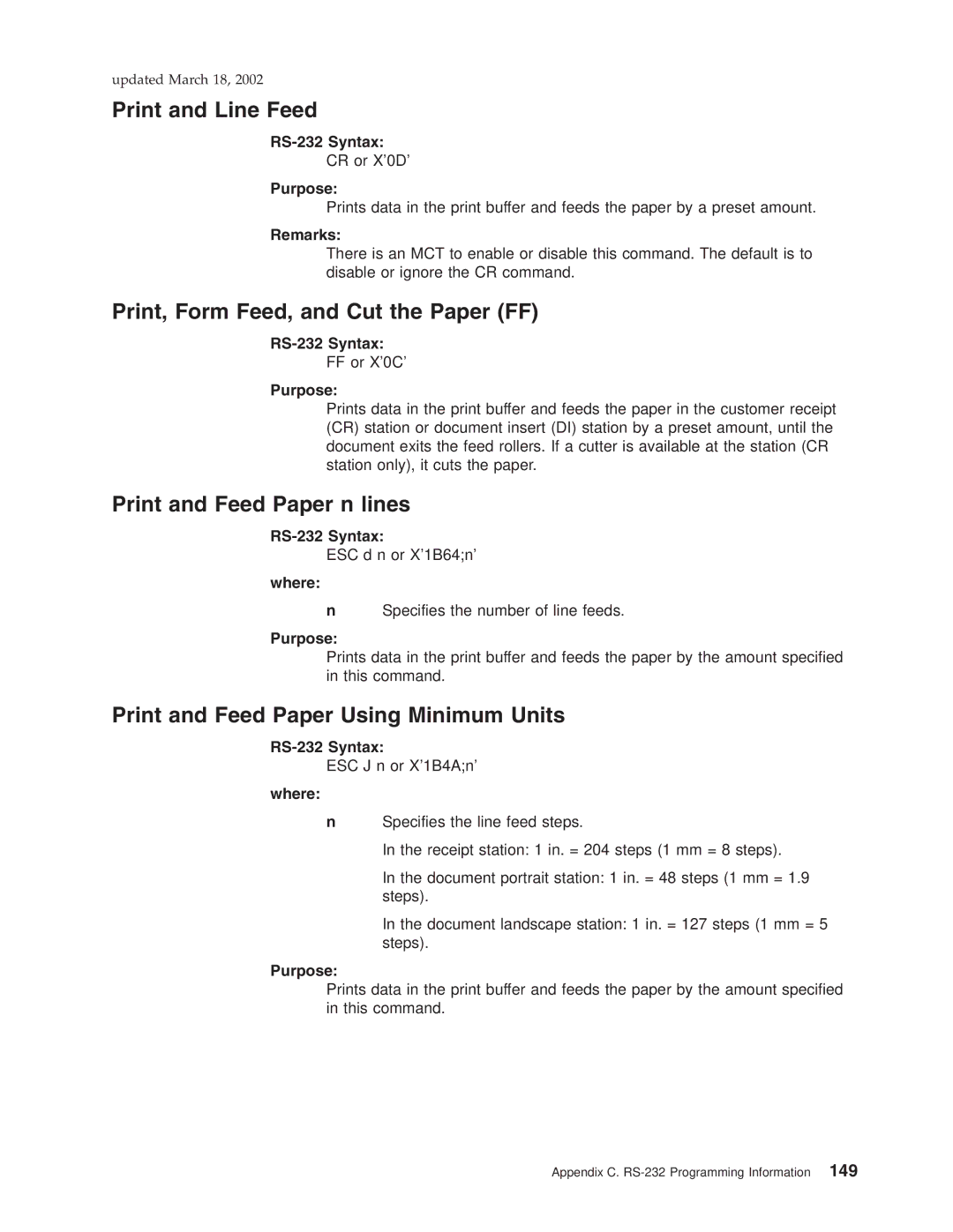 IBM TI5 Print, Form Feed, and Cut the Paper FF, Print and Feed Paper n lines, Print and Feed Paper Using Minimum Units 