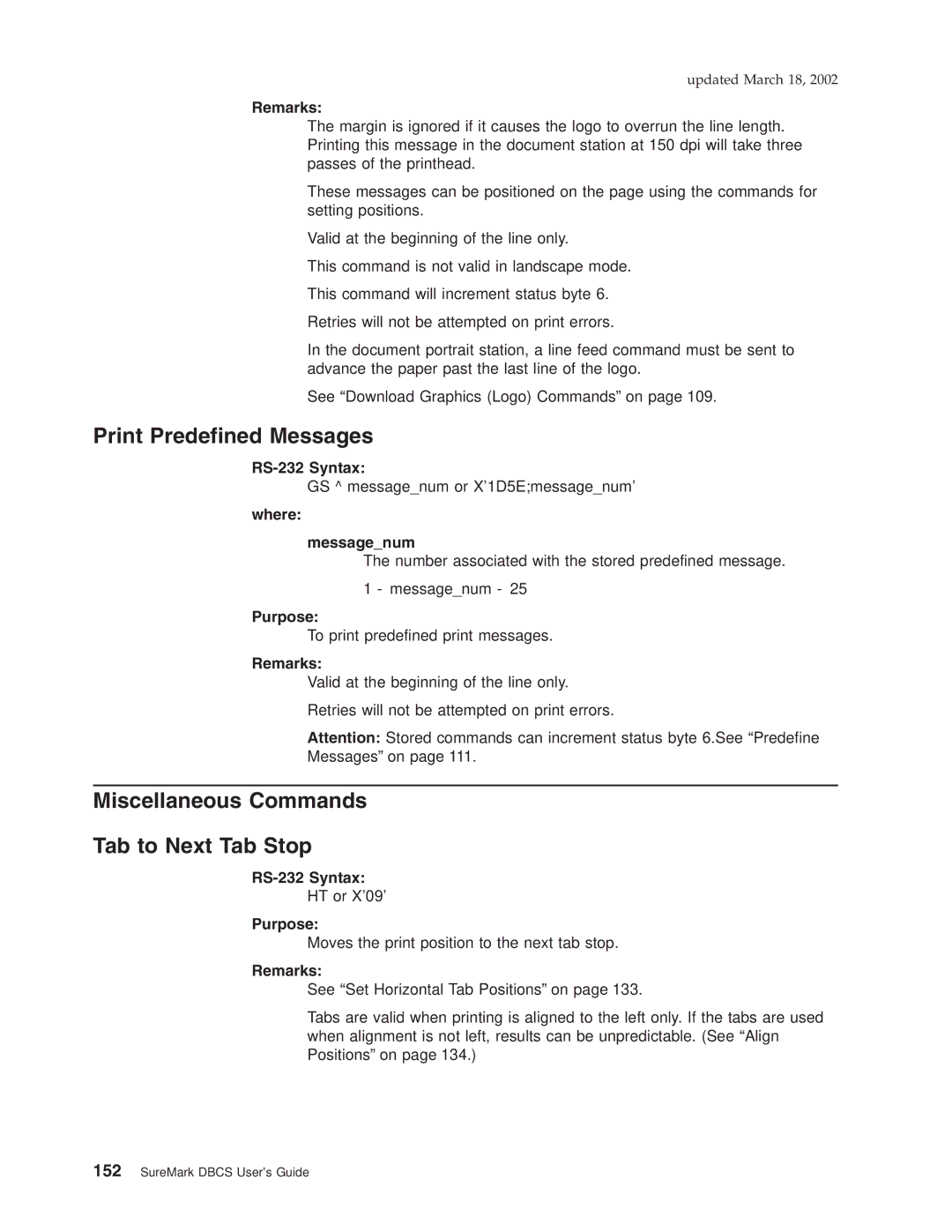 IBM TM7, TI5, TF7, TG5 manual Print Predefined Messages, Miscellaneous Commands Tab to Next Tab Stop 