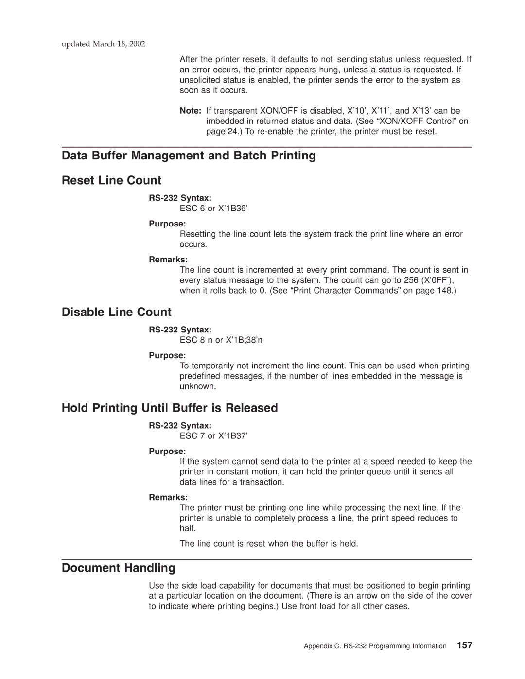 IBM TI5, TM7, TF7, TG5 Data Buffer Management and Batch Printing Reset Line Count, Disable Line Count, Document Handling 