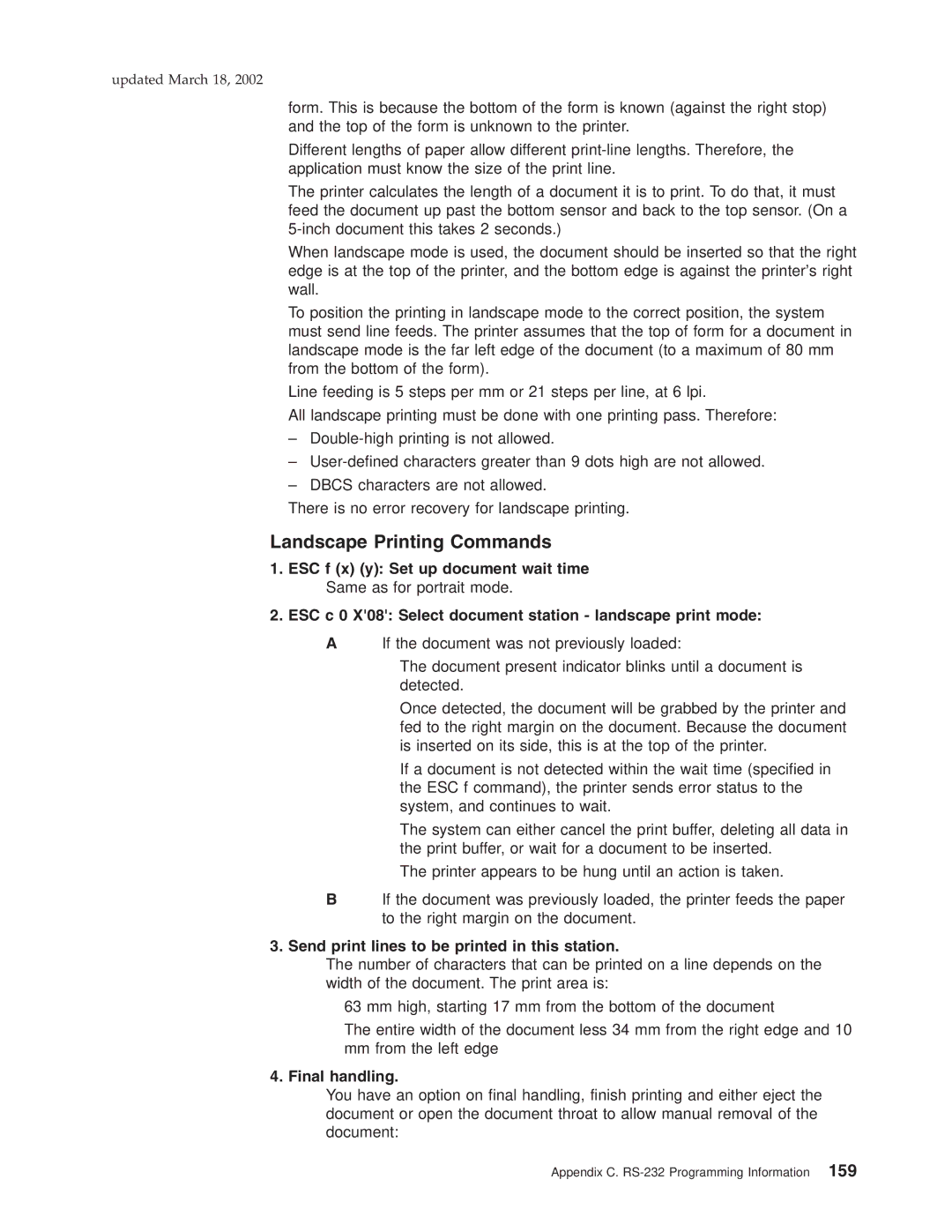 IBM TG5, TM7, TI5, TF7 manual Landscape Printing Commands 