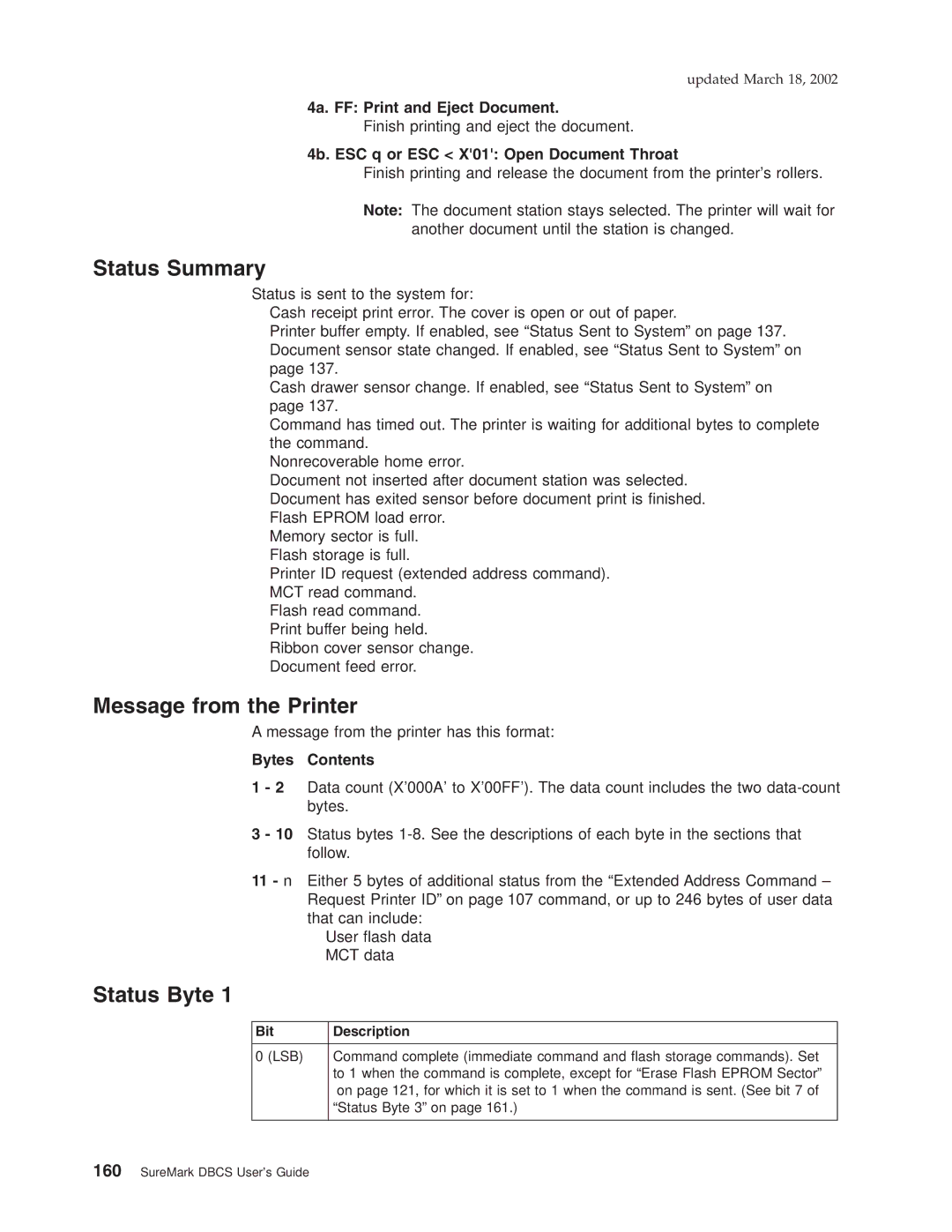 IBM TM7, TI5, TF7, TG5 manual Status Summary, Message from the Printer, Status Byte, Bytes Contents 