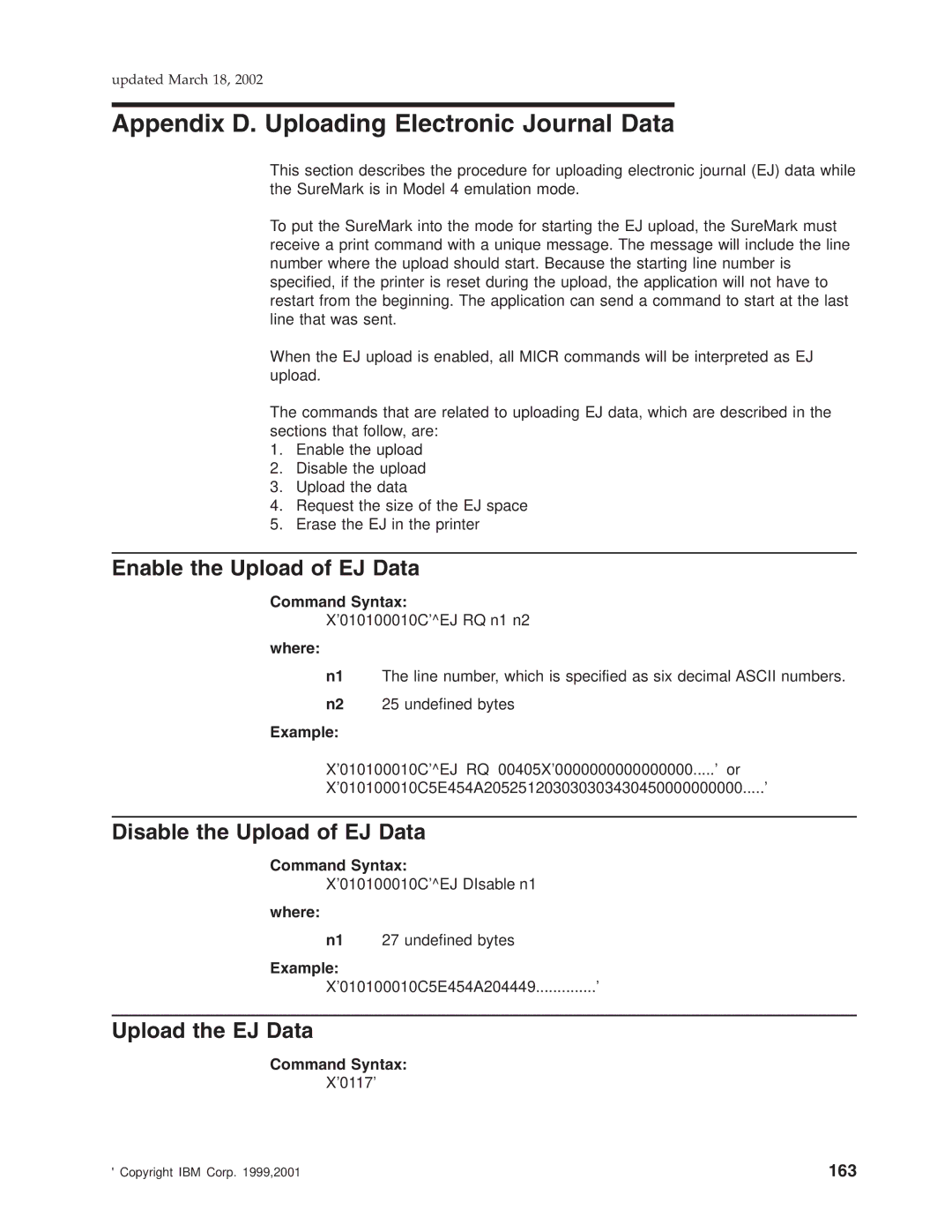 IBM TG5, TM7 Appendix D. Uploading Electronic Journal Data, Enable the Upload of EJ Data, Disable the Upload of EJ Data 