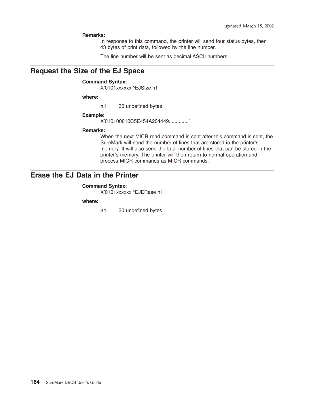 IBM TM7, TI5, TF7, TG5 manual Request the Size of the EJ Space, Erase the EJ Data in the Printer 