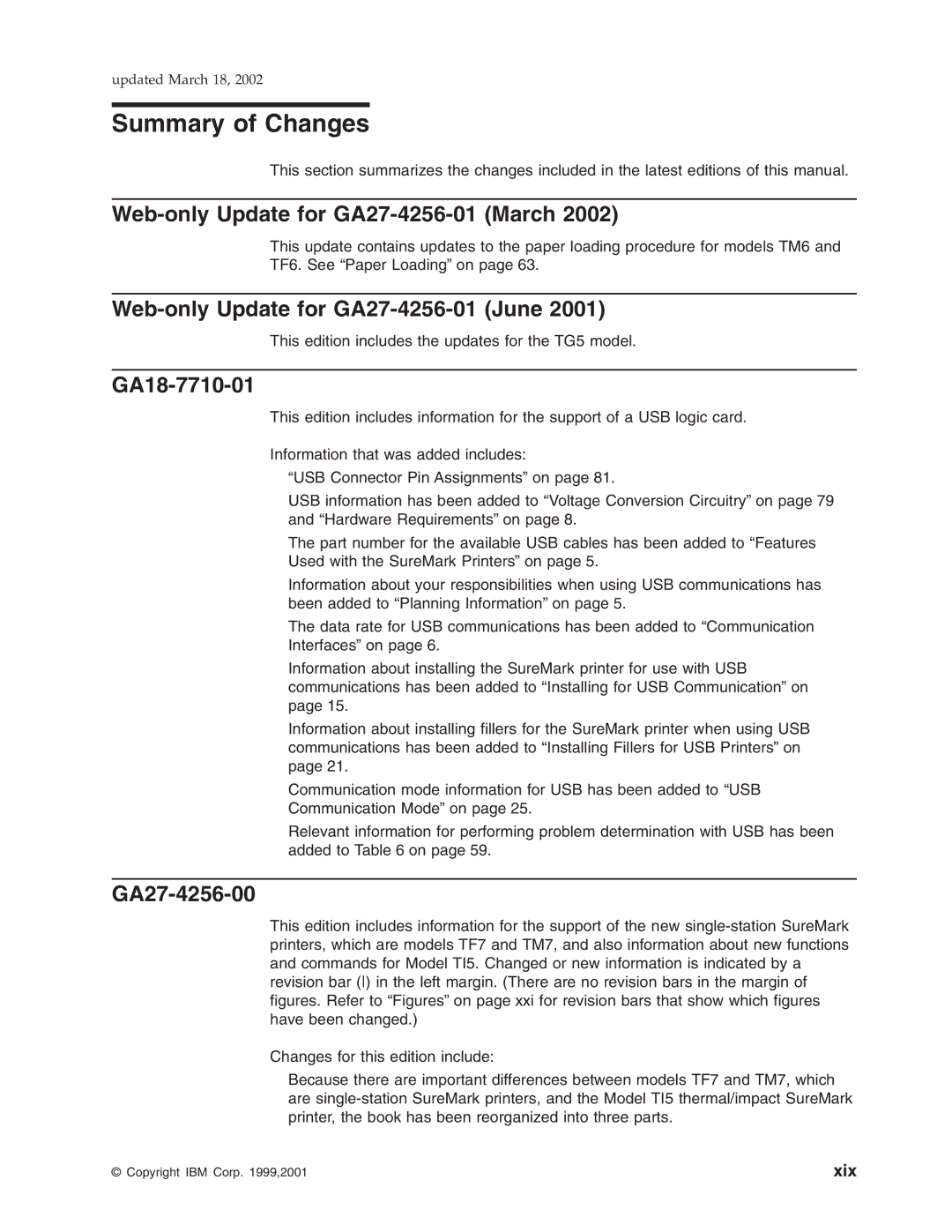 IBM TG5 Summary of Changes, Web-only Update for GA27-4256-01 March, Web-only Update for GA27-4256-01 June, GA18-7710-01 