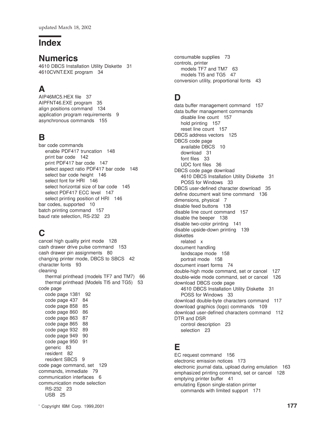 IBM TI5, TM7, TF7, TG5 manual Index Numerics, 177 