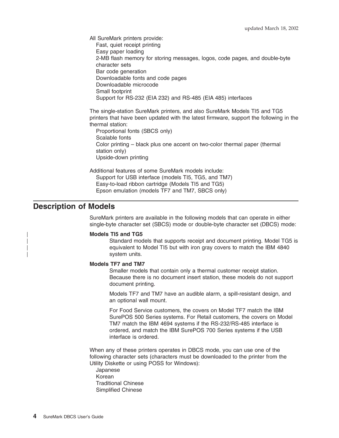 IBM manual Description of Models, Models TI5 and TG5, Models TF7 and TM7 