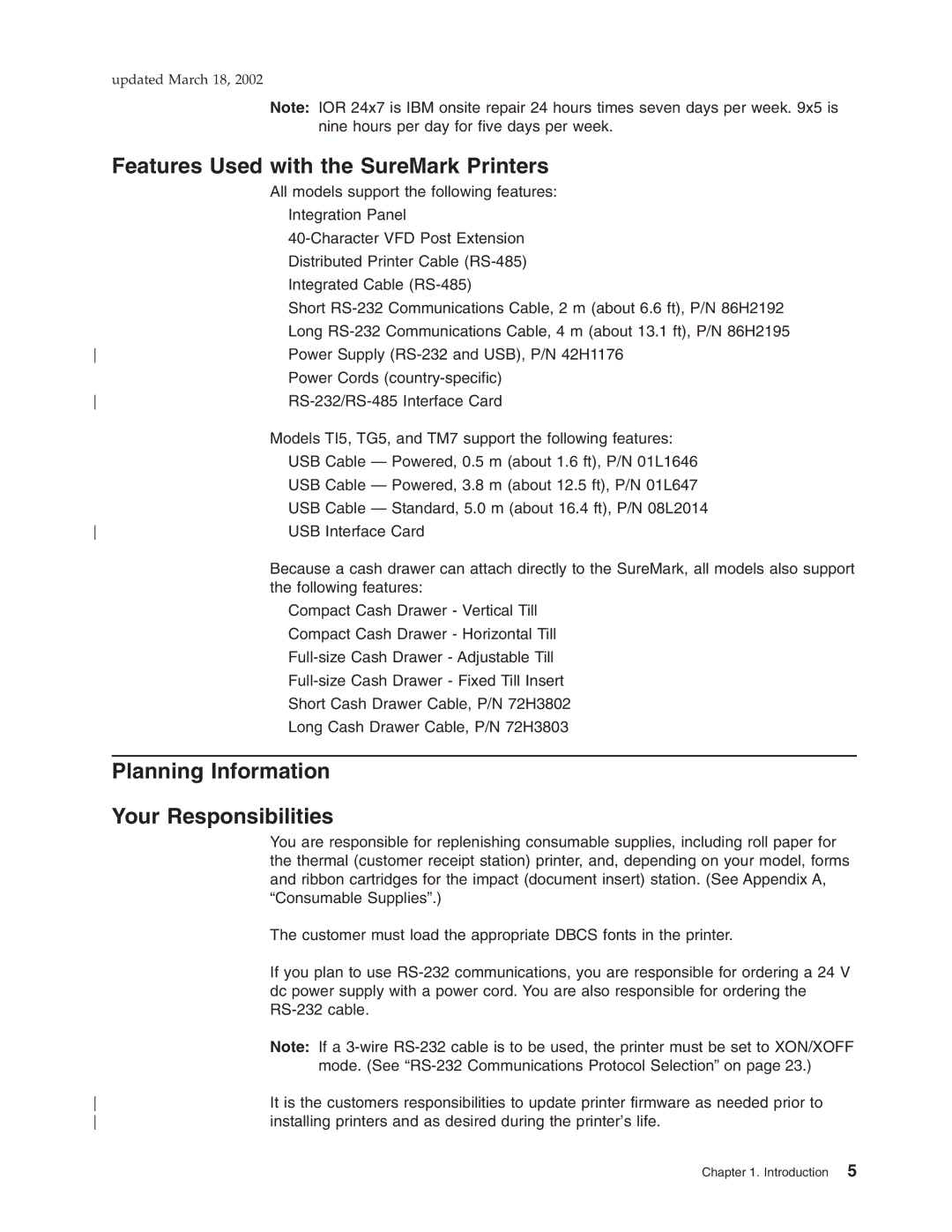 IBM TI5, TM7, TF7, TG5 manual Features Used with the SureMark Printers, Planning Information Your Responsibilities 