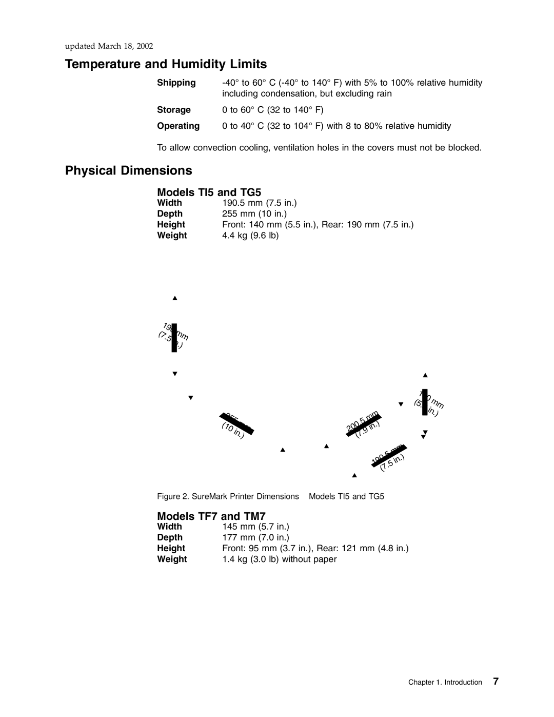 IBM manual Temperature and Humidity Limits, Physical Dimensions, Models TI5 and TG5, Models TF7 and TM7 