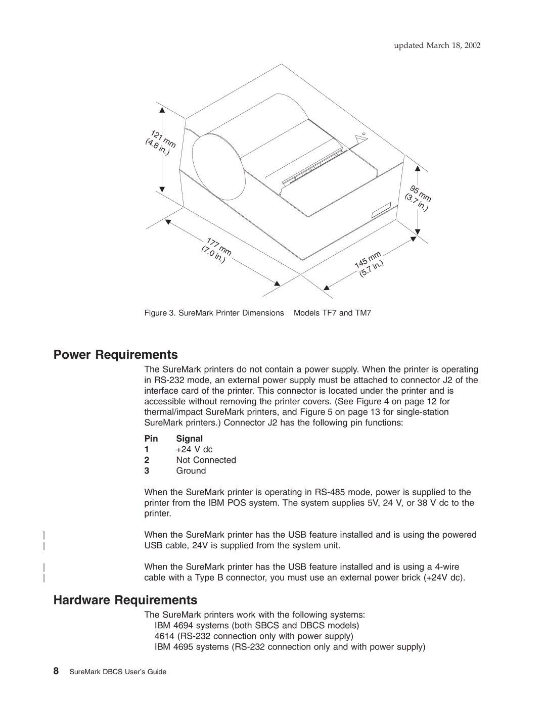 IBM TM7, TI5, TF7, TG5 manual Power Requirements, Hardware Requirements, Pin Signal 