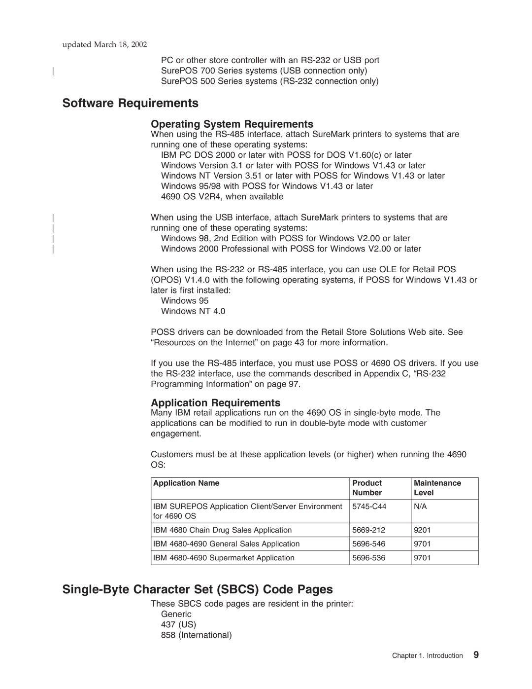 IBM TI5, TM7, TF7, TG5 manual Software Requirements, Single-Byte Character Set Sbcs Code Pages, Operating System Requirements 