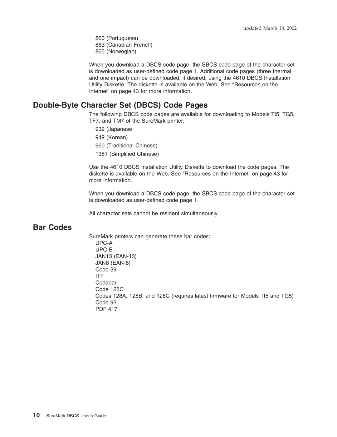 IBM TF7, TM7, TI5, TG5 manual Double-Byte Character Set Dbcs Code Pages, Bar Codes 