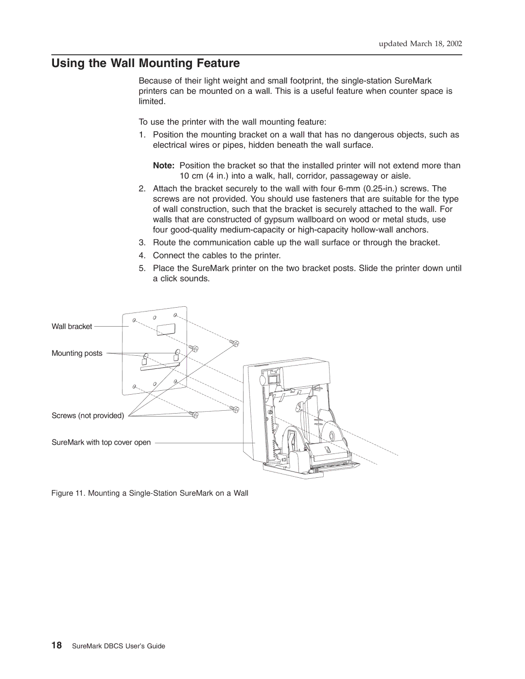 IBM TF7, TM7, TI5, TG5 manual Using the Wall Mounting Feature, Mounting a Single-Station SureMark on a Wall 