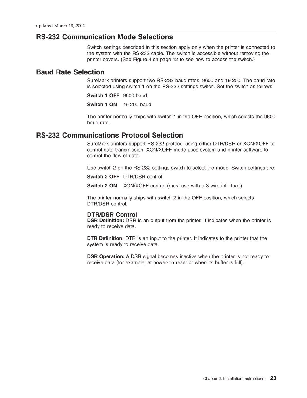 IBM TG5, TM7, TI5, TF7 RS-232 Communication Mode Selections, Baud Rate Selection, RS-232 Communications Protocol Selection 