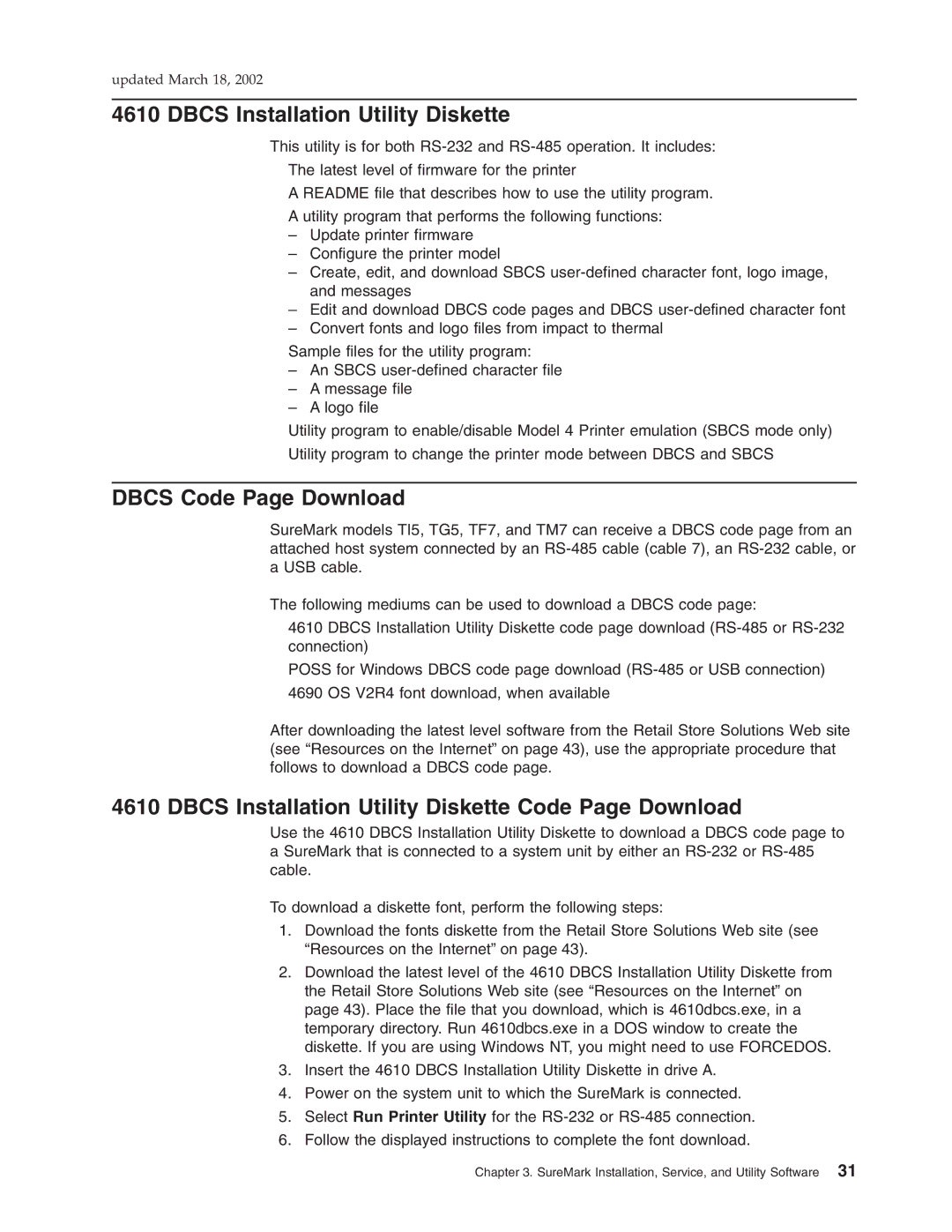 IBM TG5, TM7, TI5, TF7 manual Dbcs Code Page Download, Dbcs Installation Utility Diskette Code Page Download 