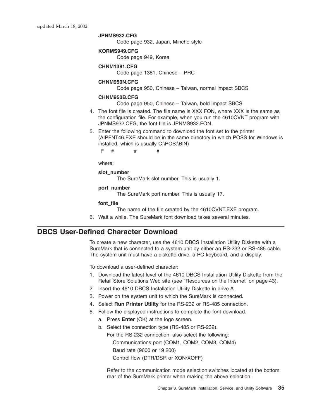 IBM TG5, TM7, TI5, TF7 manual Dbcs User-Defined Character Download, Slotnumber, Portnumber, Fontfile 