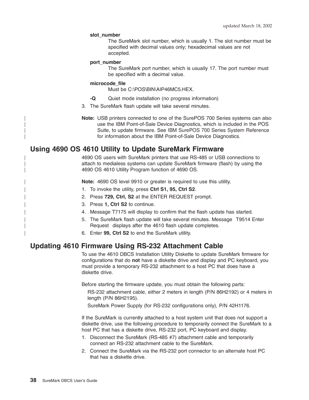 IBM TF7, TM7 Using 4690 OS 4610 Utility to Update SureMark Firmware, Updating 4610 Firmware Using RS-232 Attachment Cable 