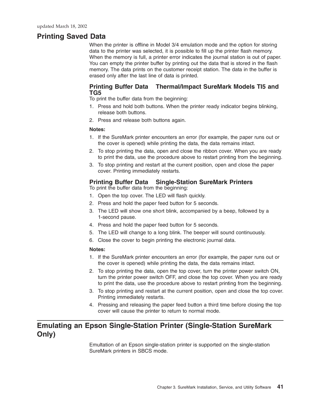 IBM TI5, TM7, TF7, TG5 manual Printing Saved Data, Printing Buffer Data Single-Station SureMark Printers 