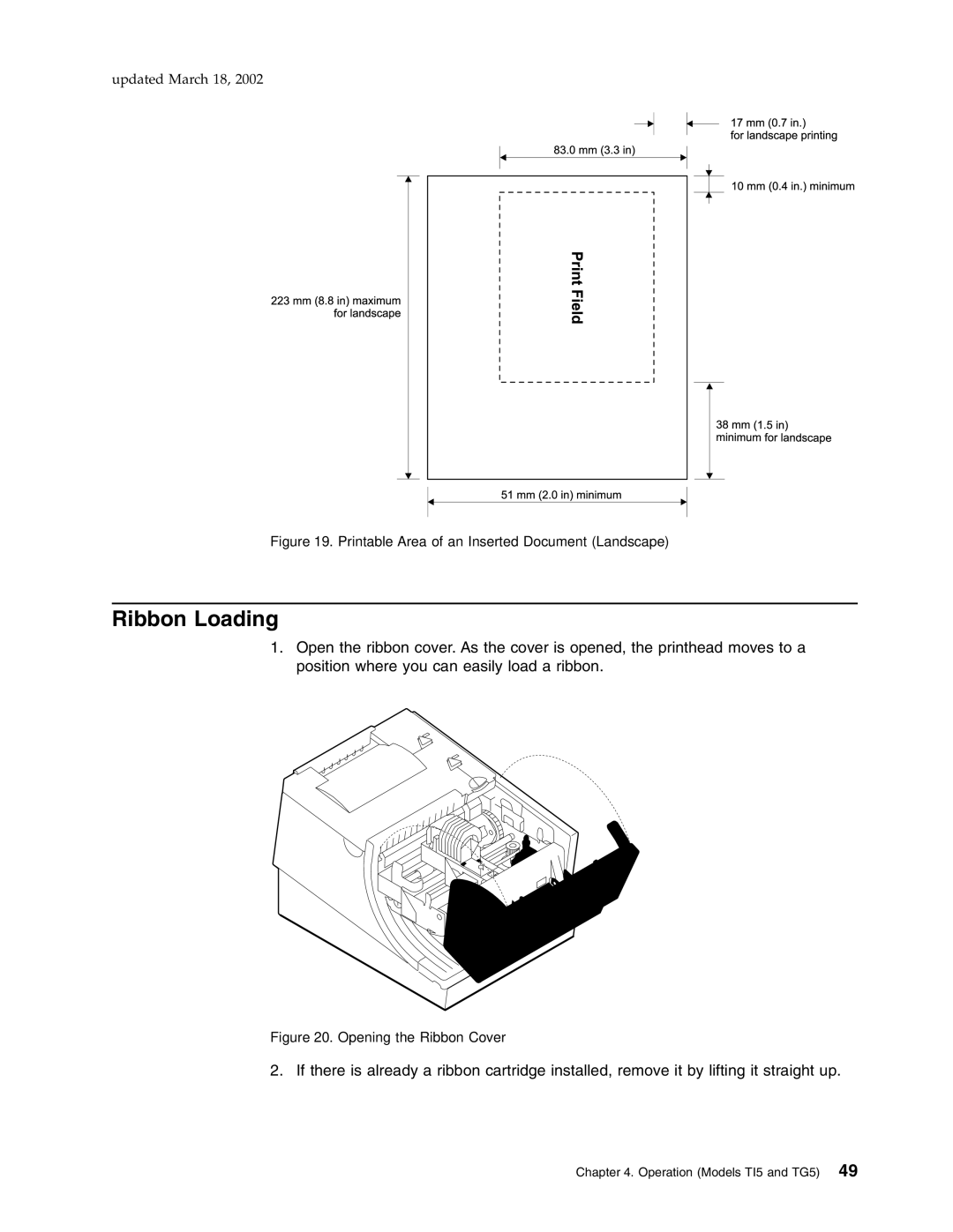 IBM TI5, TM7, TF7, TG5 manual Ribbon Loading, Printable Area of an Inserted Document Landscape 