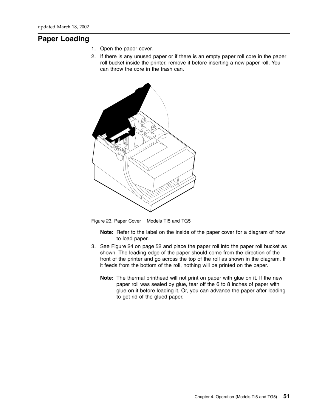 IBM TM7, TF7 manual Paper Loading, Paper Cover Models TI5 and TG5 