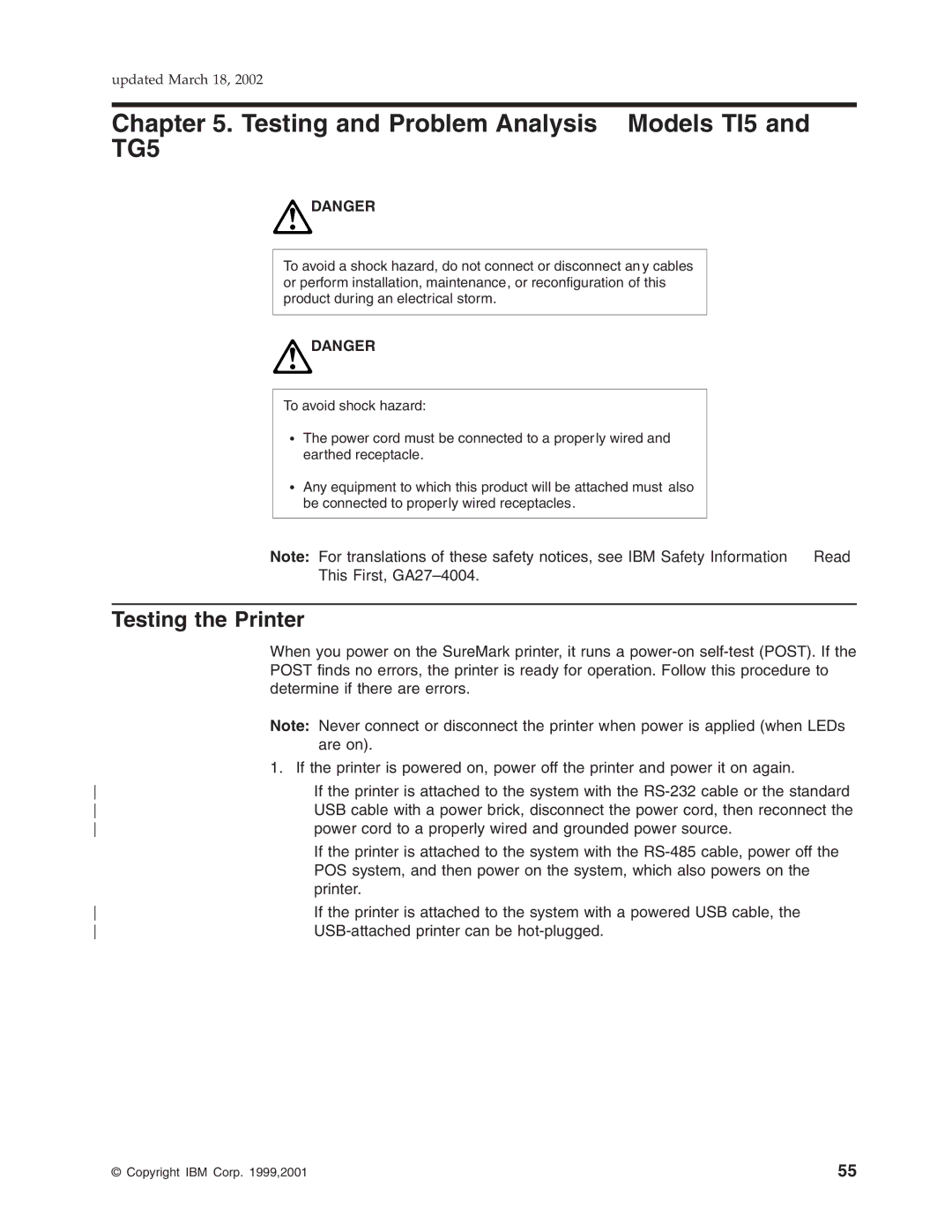 IBM TM7, TF7 manual Testing and Problem Analysis Models TI5 and TG5, Testing the Printer 