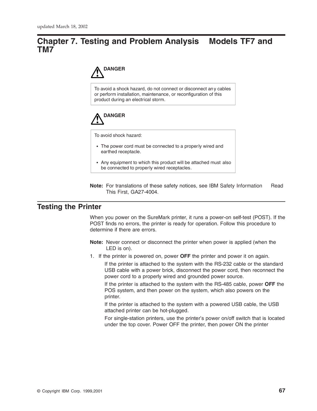 IBM TG5, TI5 manual Testing and Problem Analysis Models TF7 and TM7, Testing the Printer 