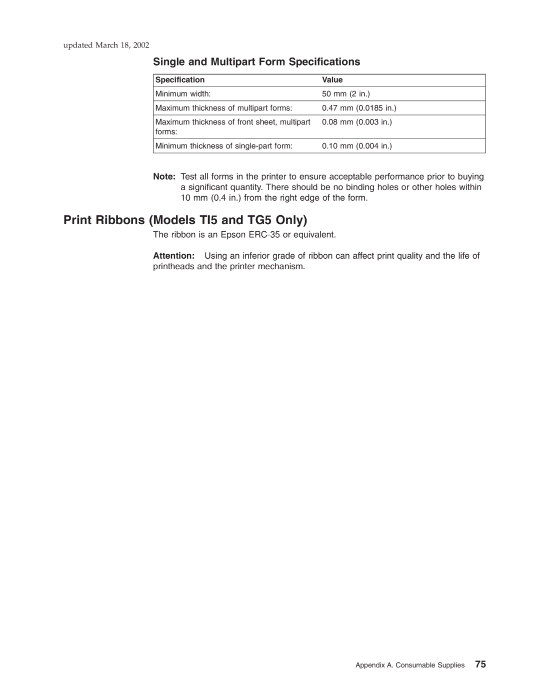 IBM TM7, TF7 manual Print Ribbons Models TI5 and TG5 Only, Single and Multipart Form Specifications, Specification Value 