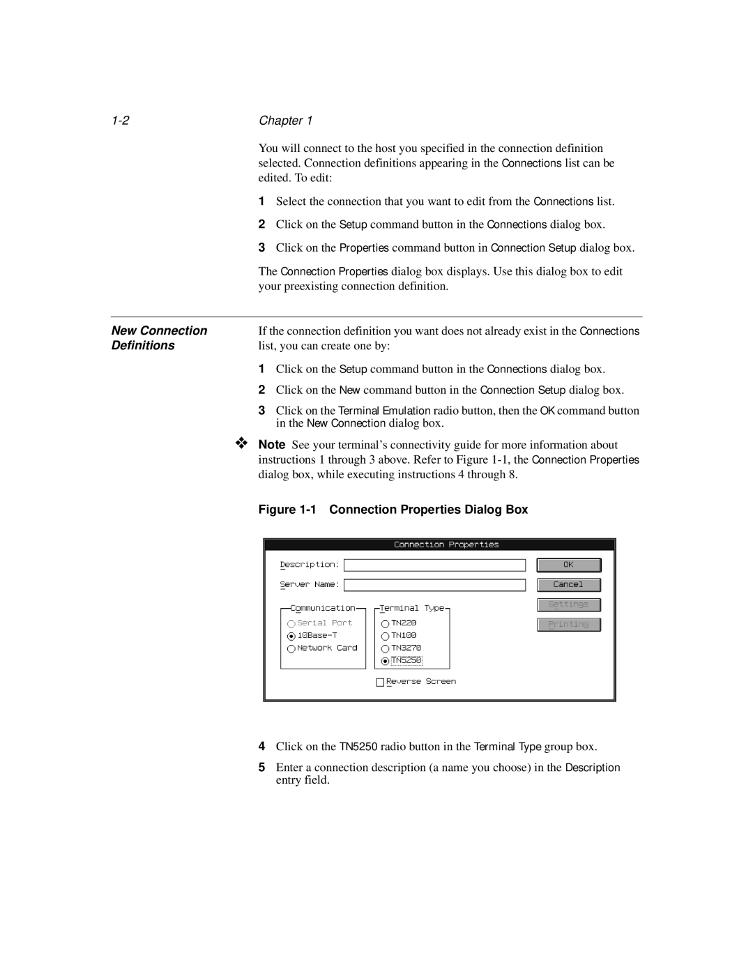 IBM TN5250 manual Chapter, New Connection, Definitions, list, you can create one by, 1 Connection Properties Dialog Box 